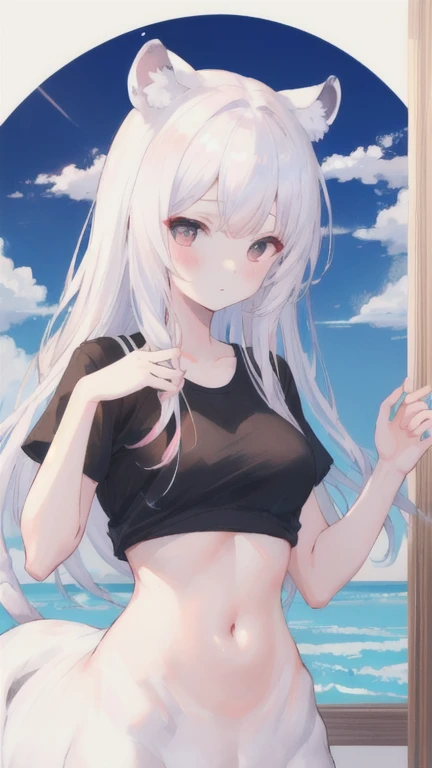(best quality, masterpiece), 1 girl, centaur, It takes, White skin, Korean , exposing the abdomen,belly button t-shirt, 아름다운 소녀 perfect white tiger photo, perfect white tiger photo