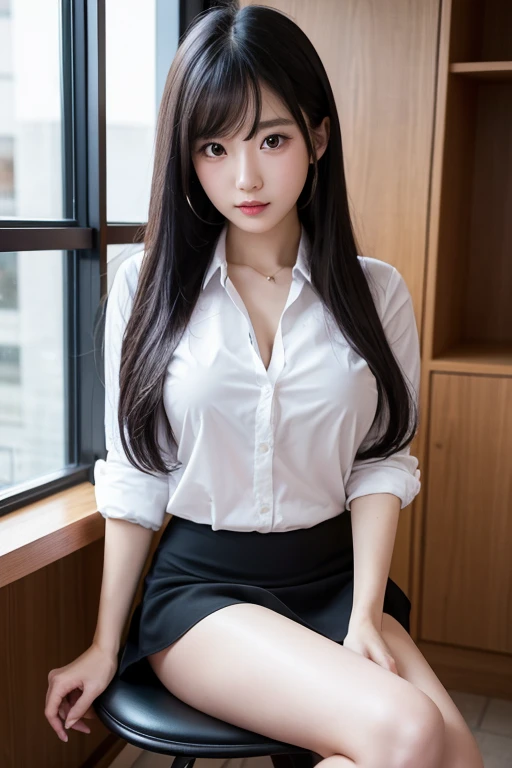 ((Li Yitong)), 8K, Best Quality, Masterpiece, 1.2x Weighted), 10000 cute, indo, beautiful girls, super details, sky and café details, night date, sitting (red nose), big breasts, Sweet smile (smile 1.15), deep beautiful eyes, (1.1x weighted collar shirt), short black dress, black silk stockings, white shirt, professional skirt, long flowing hair, NovaFrog style, half nude, cat, rain, bangs, high school student, gray background, well-behaved, pure desire