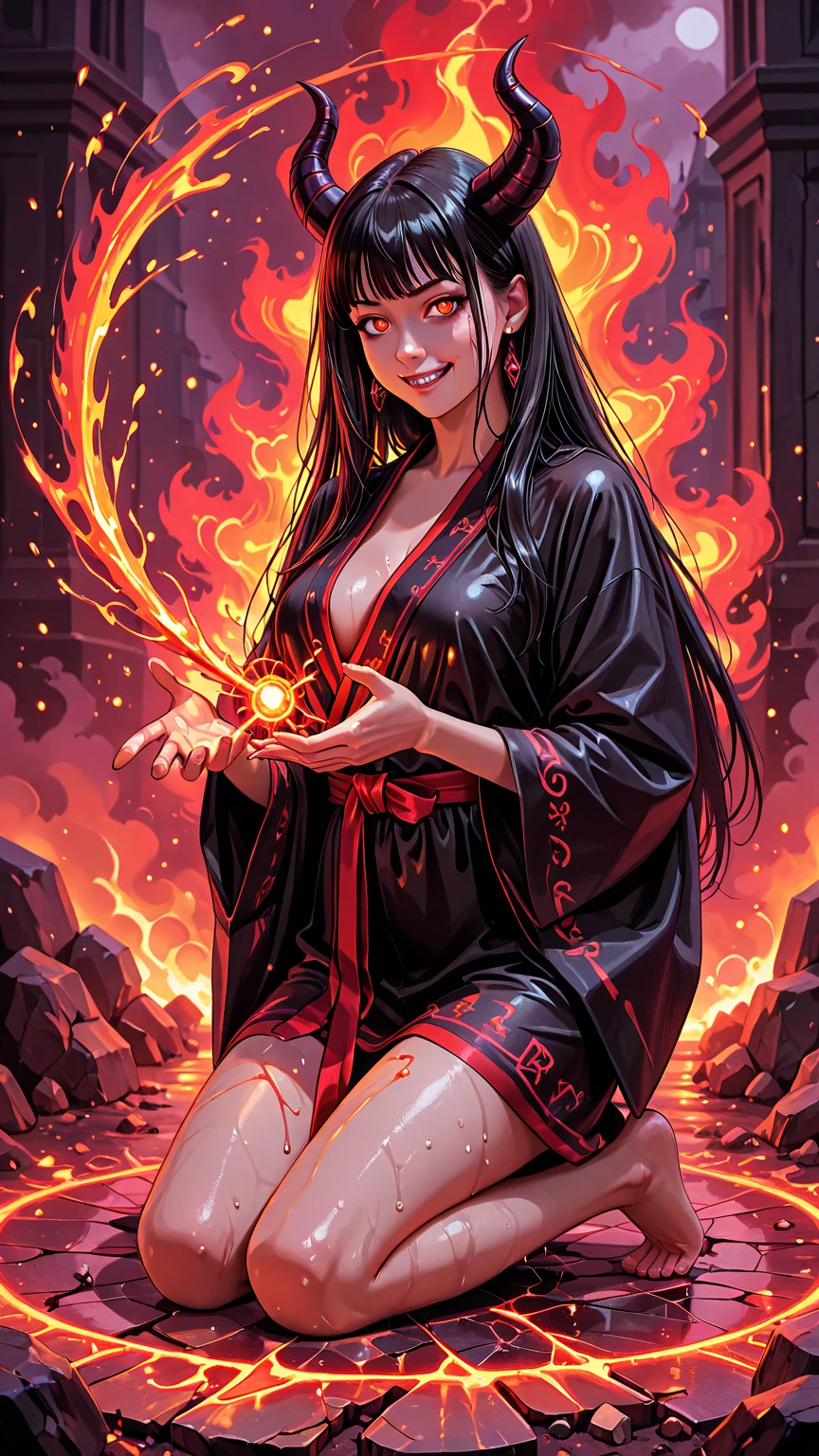 A beautiful demon girl, with long beautiful black hair, amber-colored eyes, holding a floating blood magic ball in her palm, a cute mischievous smile on her pretty face, wearing a kimono that looks like an assassin's outfit , Sexy poses , Comic style , by mortal Kombat