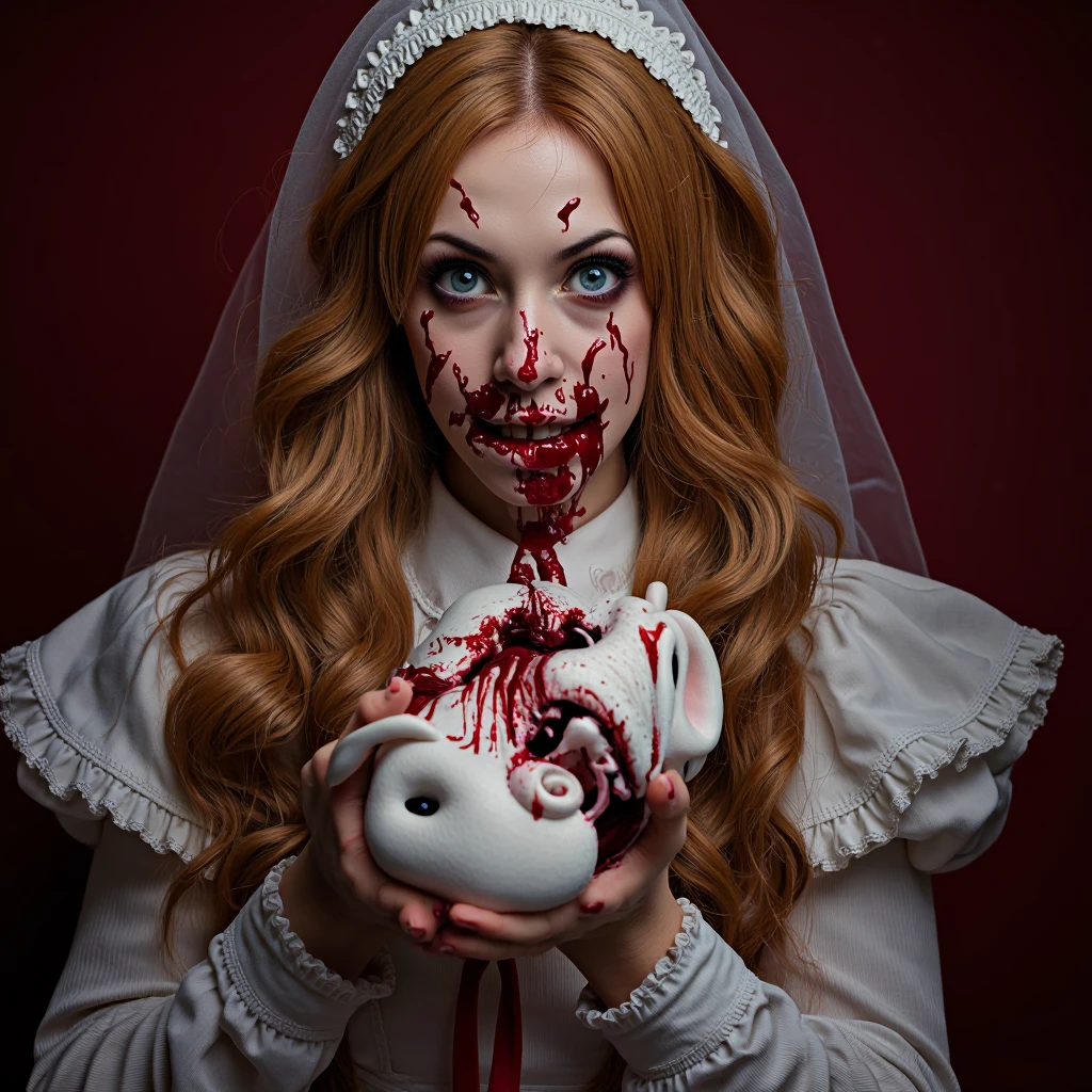 A zombie woman in a maid outfit, she is hungry and wants the viewers brain. horror, Halloween night