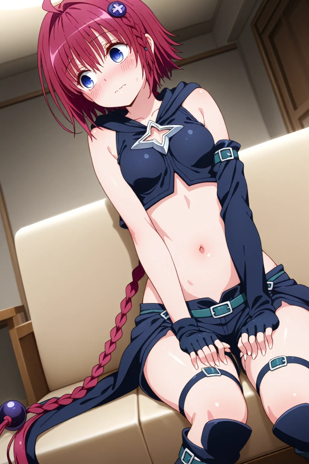 ((Tabletop, Highest quality, High resolution, Pixel perfect,  4K, nsfw)))、1 Girl, Beautiful woman、((short hair, Twin braids、Red Hair)), ((blue eyes、Beautiful eyelashes, Realistic eyes)), ((Detailed face, blush:1.2)), ((Smooth texture:0.75, Realistic texture:0.65, Realistic:1.1, Anime CG Style)), ((Muscular))、((Small breasts、Swollen nipples、Thick thighs)), Perfect body、Inside the train at night、((((:or、Embarrassing、Are crying、blush))))、((Sweat))、Sitting、Spreading her legs、(Put your hands behind your head、Armpits)、((Blue Stripe Bikini))、