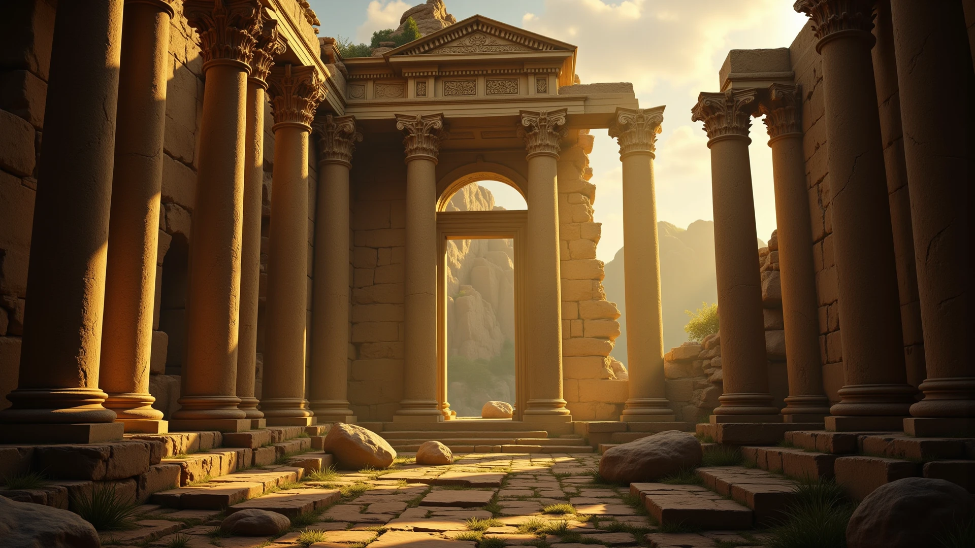 (best quality,4k,8K,high resolution,chef-d'artwork:1.2), Ultra-detailed, (Realistic,photoRealistic,photo-Realistic:1.37), Golem gardien de marbre, gemmes, detailed textures, imposing creature, monstrueux, la civilisation ancienne, Mystique, RPG, vignes, temple souterrain, panoramic view of the valley, Hidden secrets, camaraderie