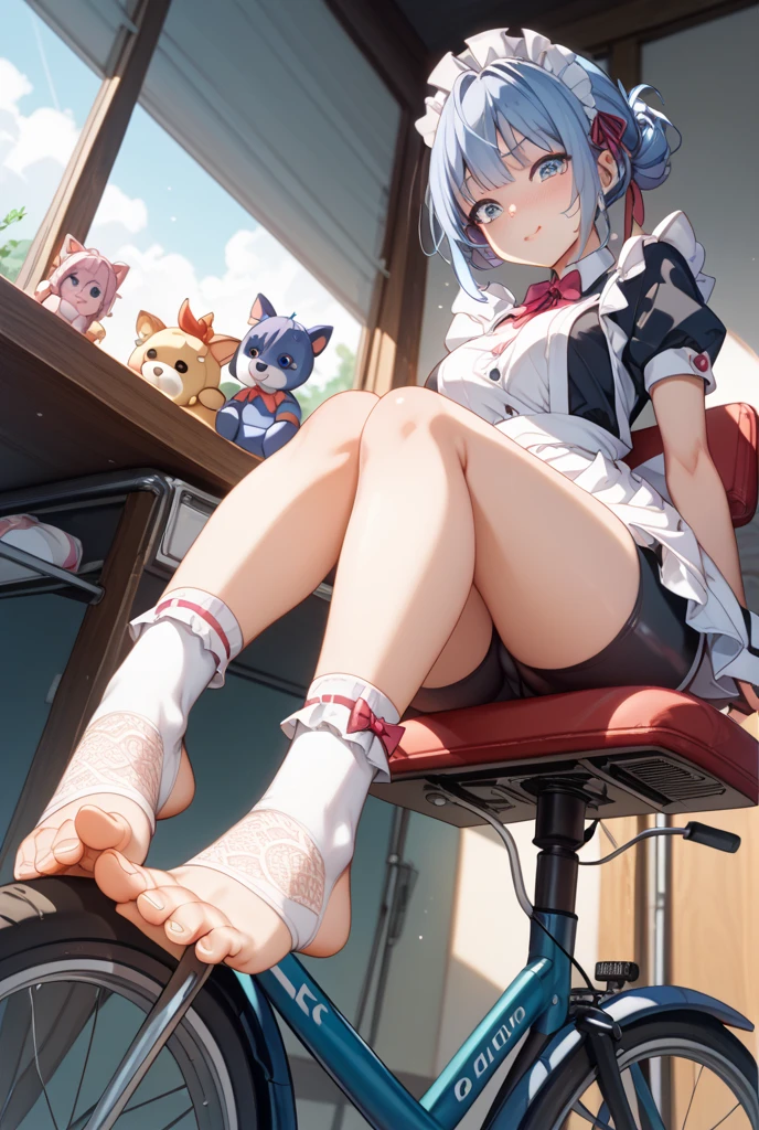 Pink mid-hair。Red ribbon, school clothes, Stockings, Loafers, Penguin specimens, inside room, sitted, Holding penguin specimens,Wolf ear leaks white