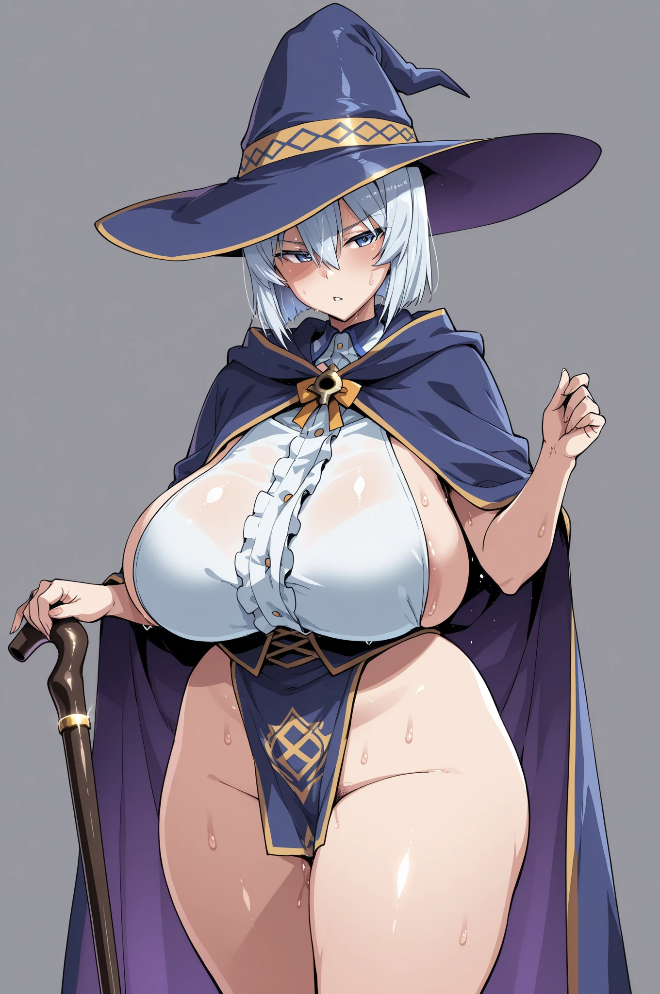 very huge , witch hat, emotionless, uniform, cleavage, crop top outfit, witch hat, cape, blue skirt, black thighhighs, boots, detached sleeves, wide sleeves