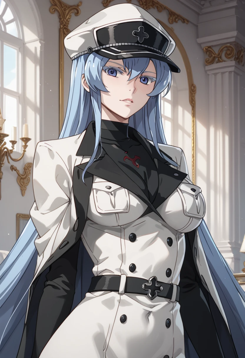 esdeath, blue eyes, blue hair, long hair,large breast, eyelashes, boots, choker, cleavage, collarbone, hat, military, military uniform, peaked cap, thigh boots, thighhighs, uniform,