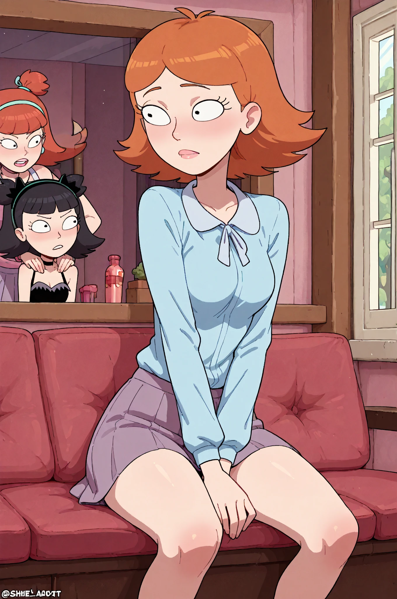 Masterpiece, best quality, ultra-detailed, detailed face, easy tracing, 1girl, ((Goal)), smile, sad, hairband, orange long hair, solo, leaning forward, sexy, at (wasteland: 1.2), busty, big boobs, huge breasts, large breasts, gigantic breasts, breasts_squeezed_together, sad, lean forward, crossed legs, well-groomed figure, youthful, slim leg, petite arms, thin legs, (narrow waist:1.5), wearing prom dress, cleavage, pinup
