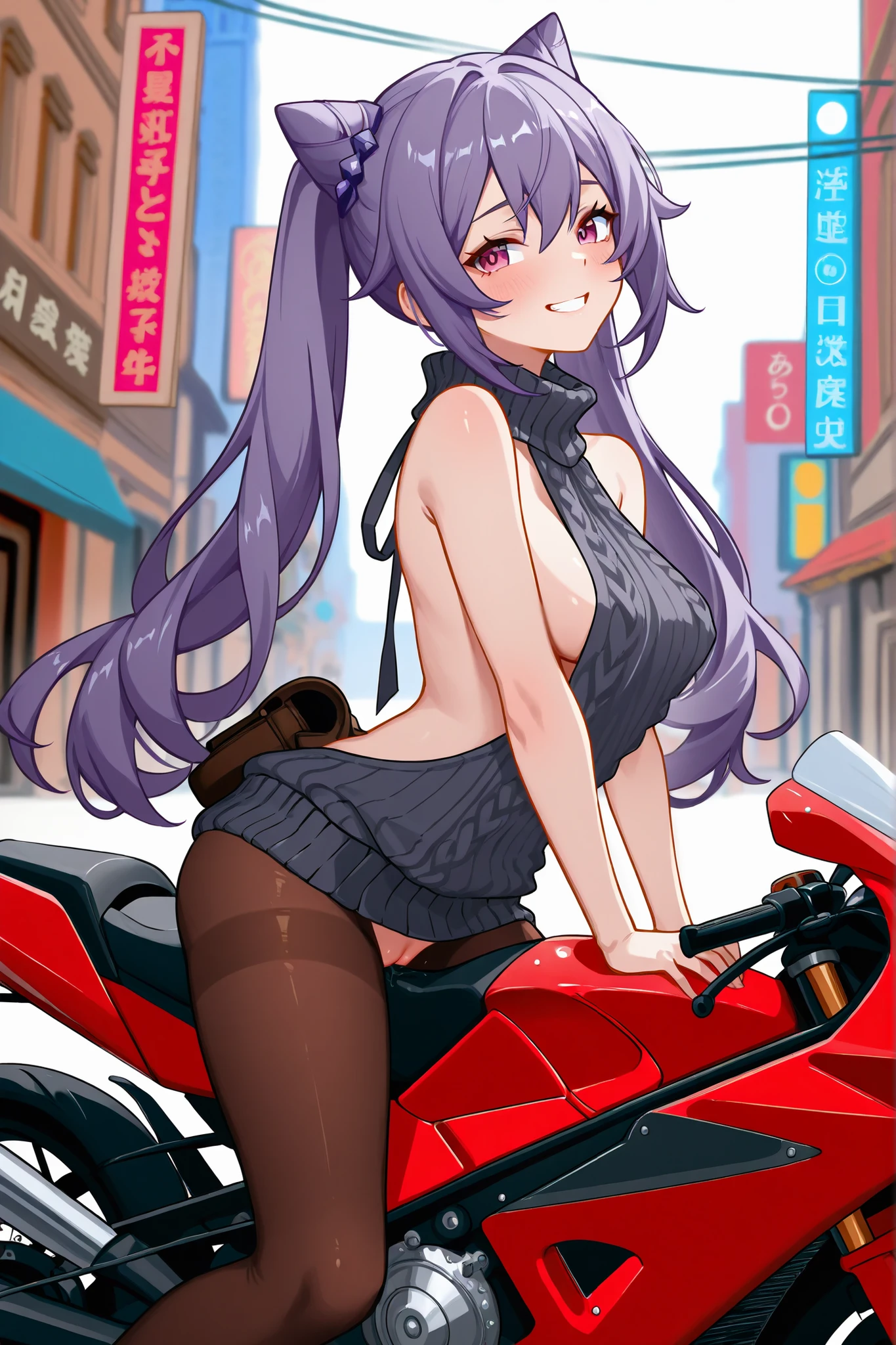 riding machine, 1girl, solo, breasts, sweat, tears, steaming body, wince,bikini,outdoors,shibuya \(tokyo\),