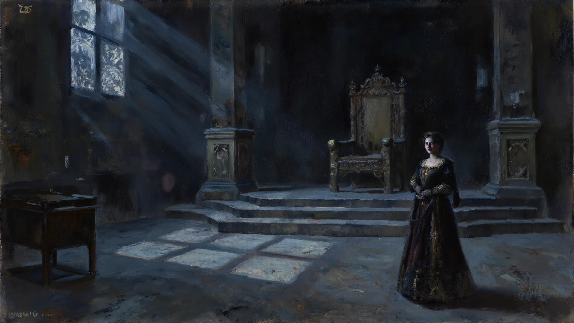 score_9, score_8_up, score_7_up, score_6_up, throne room, dark, epic dark fantasy art, messy, abandoned, black, wide shot, no people, game bg