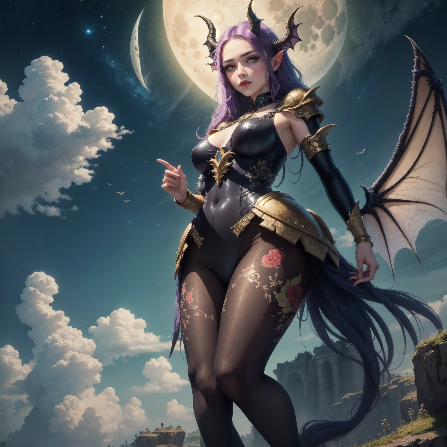 ((Need)), ((tmasterpiece)), (A detailed), Enchanting succubus, Sexy beauty, Perched in clouds, (fantasy illustrations:1.3), Seductive gaze, captivating posture, tight top, wearing golden armour,otherworldly charm, Mysterious Sky, Strange fire clouds,the setting sun,moon full,Chibi Ancient City,Large portrait building,Head facing right。