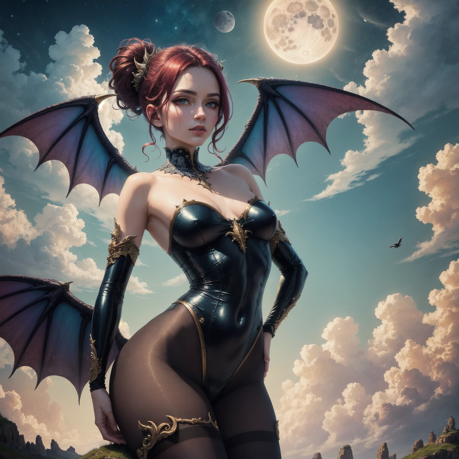 ((best quality)), ((masterpiece)), (detailed), succubus, ethereal beauty, perched on a cloud, (fantasy illustration:1.3), enchanting gaze, leotard, pantyhose, stockings, bodysuit, captivating pose, delicate wings, otherworldly charm, mystical sky, large moon, moonlit night, soft colors, (detailed cloudscape:1.3), (high-resolution:1.2), from below, (rating_explicit), (score_9, score_8_up, score_7_up, score_6_up, score_5_up, score_4_up, high res, 4k)