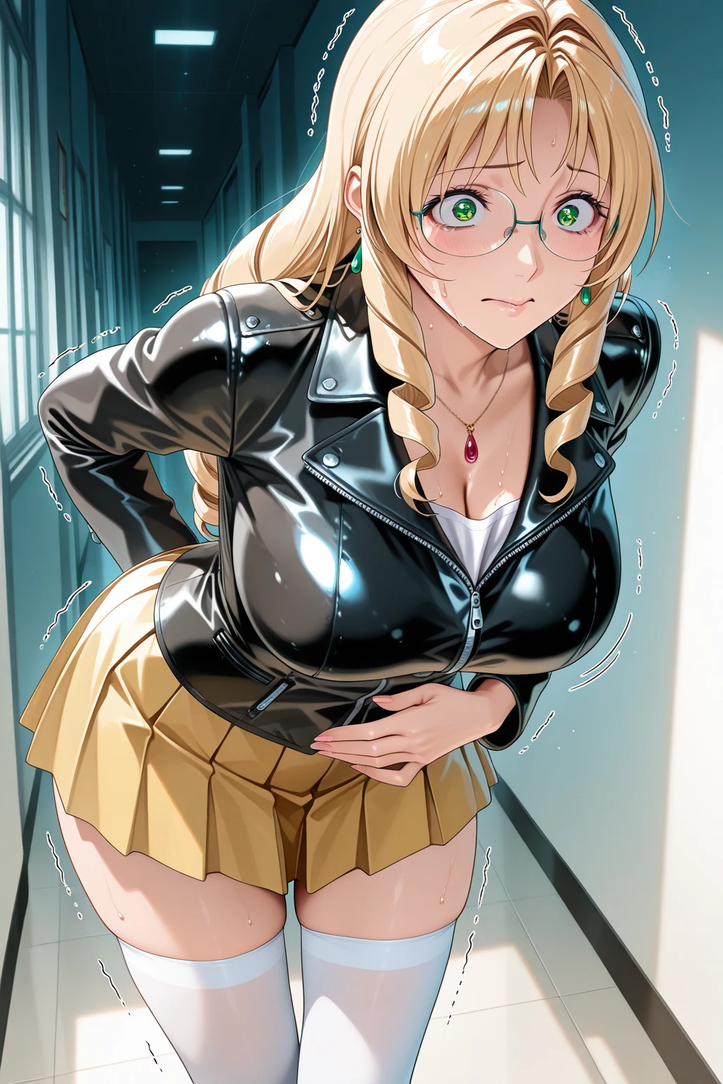 Korean idol girl　Mature Woman　Short wavy blonde hair with bangs　(Bright red rouge lips)　Big Breasts　超Big Breasts　Chubby　Plump　Big Butt　Wet ass　((Rimless glasses))　　Big eyes　((Olive green patent leather military shirt))　((Shiny enamel tight skirt))　((Knee-high boots)) garter belt　8K　Photorealistic　Dark basement　((Turn around and make eye contact))　((stick out your butt on all fours))　(mandatory)　((Depiction from directly below))　bedroom　A look of shame　Embarrassed　look down