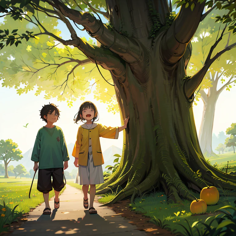 A young boy with，Hold a balloon in your hand，Stand under a big tree