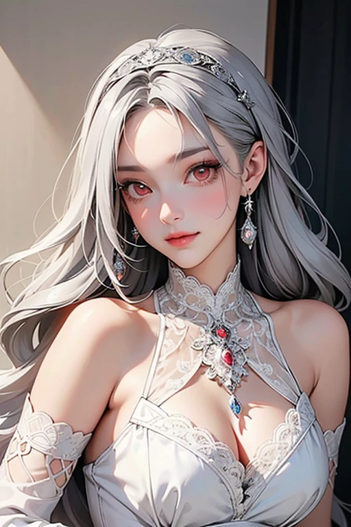 Closeup, Best quality, masterpiece, realistic, Beautiful sexy cool tall, slim, fit woman, wearing fancy silver-white sequin  leotard, intricate and highly detailed, cleavage, long silver hair, body chain, jewelry, blue eyes, 