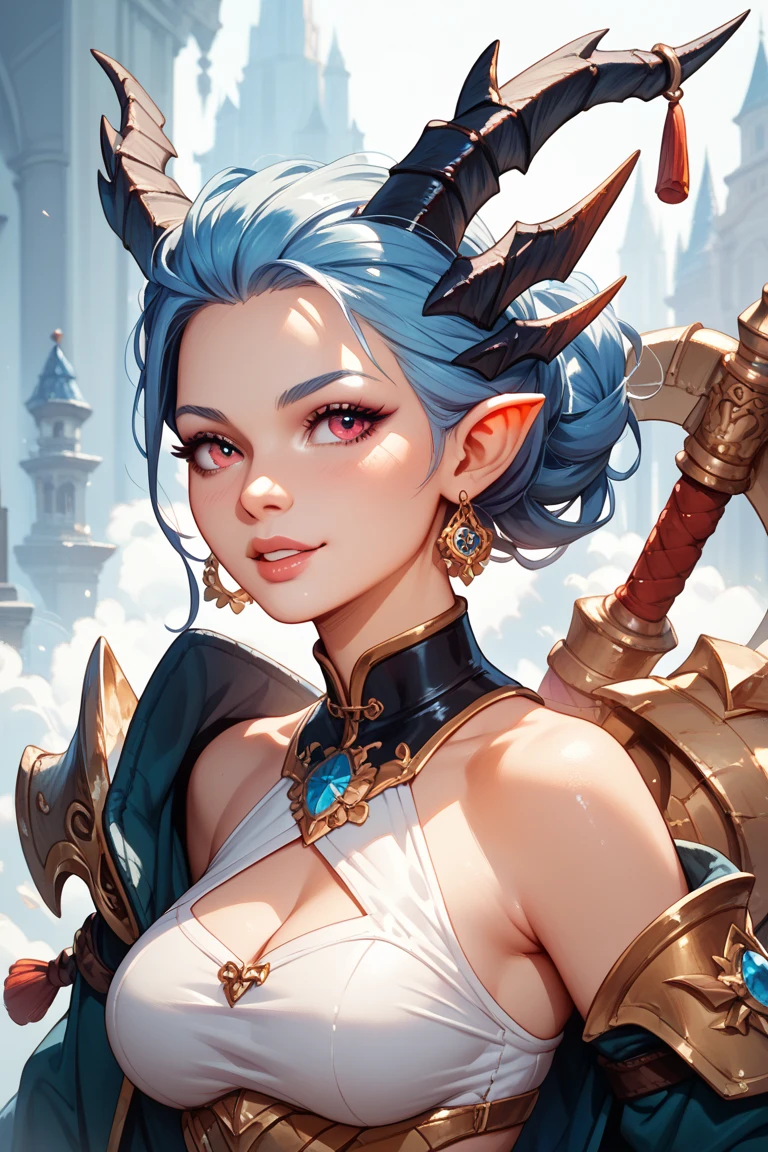 (highres, high quality:1.1), 1girl, elf, small breasts, fantasy outfit, scowl. white hair, golden eyes, gogalking