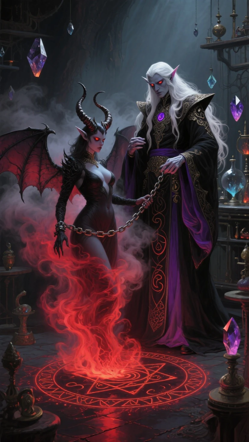 Fantastic Realism, (Masterpiece) And in the hot depths of the abyss The rebellious goddess was, sitting at the end of a table, Lucifer is sitting at the other end. And there are 4 more generals from hell with their demonic appearance, they are creatures with dragon wings, They already listened to what Lucifer said sitting down: --auto --s2