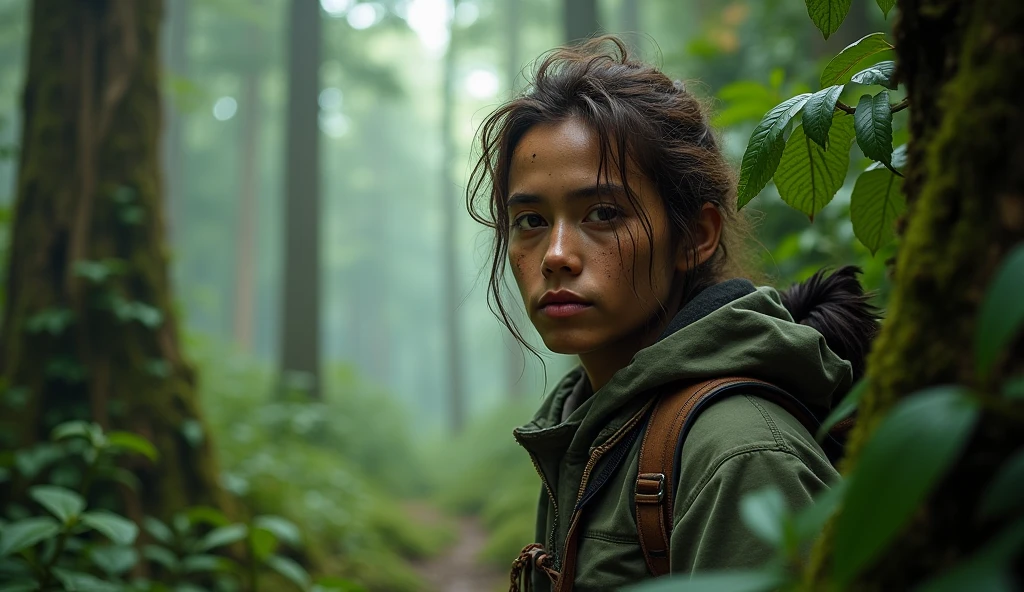 From movie stills, Super Detail, masutepiece, awardwinning, girl, Solo, (exploration), Outdoor Fashion, Portrait Style, Upper body, In the forest, The theme is nature, Natural light, On a bright sunny day, PM