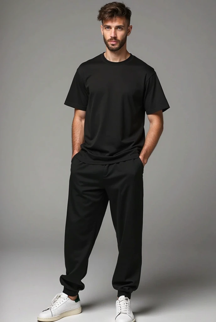 masterpiece, Top quality, highly detailed, realistic, Detailed Face, Detailed and realistic skin, perfect shiny skin, One male, young man, 20 years old, (Short buzz cut gradient black hair), full body,standing, front face , plain black big T-shirt, big trousers, talking with hand gestures, front view, big smile