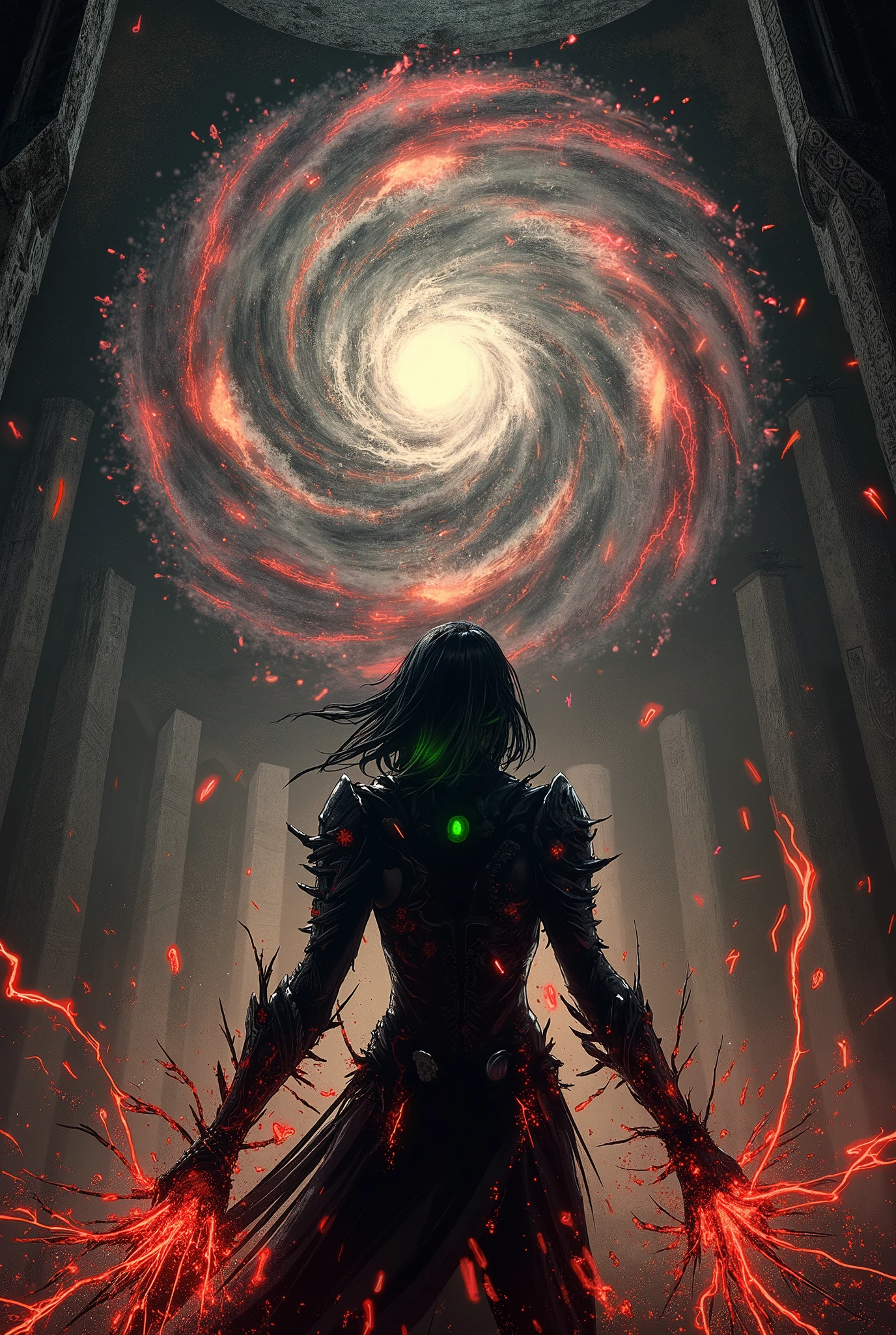 In the heart of a crumbling obsidian sanctuary, a shadow priestess with dark, smooth skin and crazed, piercing green eyes unleashes a demonic entity. Reality itself cracks around her as a swirling portal of shadow and crimson lightning opens in the air. Her sleek, sharp armor, etched with violently pulsing runes, struggles to contain the raw power flowing through her. Tendrils of living darkness erupt from her, lashing at the floating debris. The very walls, covered in ancient glyphs, seem to bleed shadows. The scene is pure Guillermo del Toro dark fantasy, with dynamic action, bold contrasts, and textured shading. Shot in a cinematic, high-contrast style with chaotic lighting from the portal, deep shadows, film grain, and dramatic lens flares, with a desaturated and surrealistic color grading. The painting is in the style of umesky.