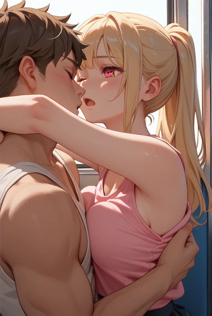 Young and beautiful Anime girl in blue bikini and a boy who is kissing her on lips in a truck