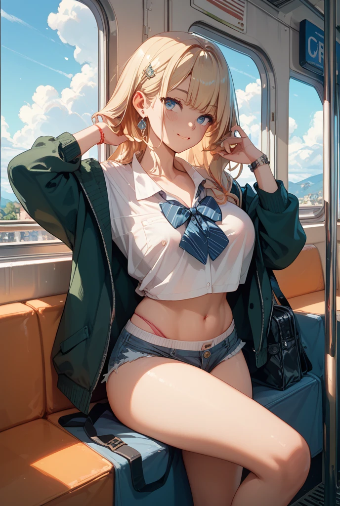 (Tabletop, highest quality, Super detailed), One Girl, Purple eyes, Blonde Hair, Dark Skin, Short Hair、Perm Hair、((Japanese school uniform))、((pantyhose))、(on the train)、(mini skirt)、Black Panties、((Black Bra))、sit