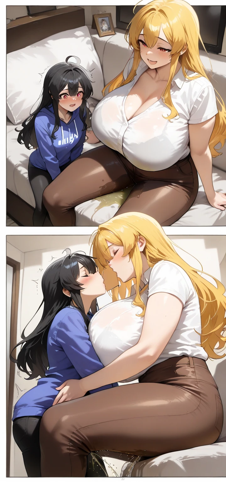 score_9, score_8_up, score_7_up, score_6_up, score_5_up, score_4_up, (source_anime), 2girls, (girl, Short hair, Little ??? girl body, small breasts, Awake {sucking breasts}). (adult woman, long hair, massive breasts, Tall stature, Asleep). Yuri , age difference, size difference, breast sucking, breast milk, tongue, far, full body, big Couch, Lap