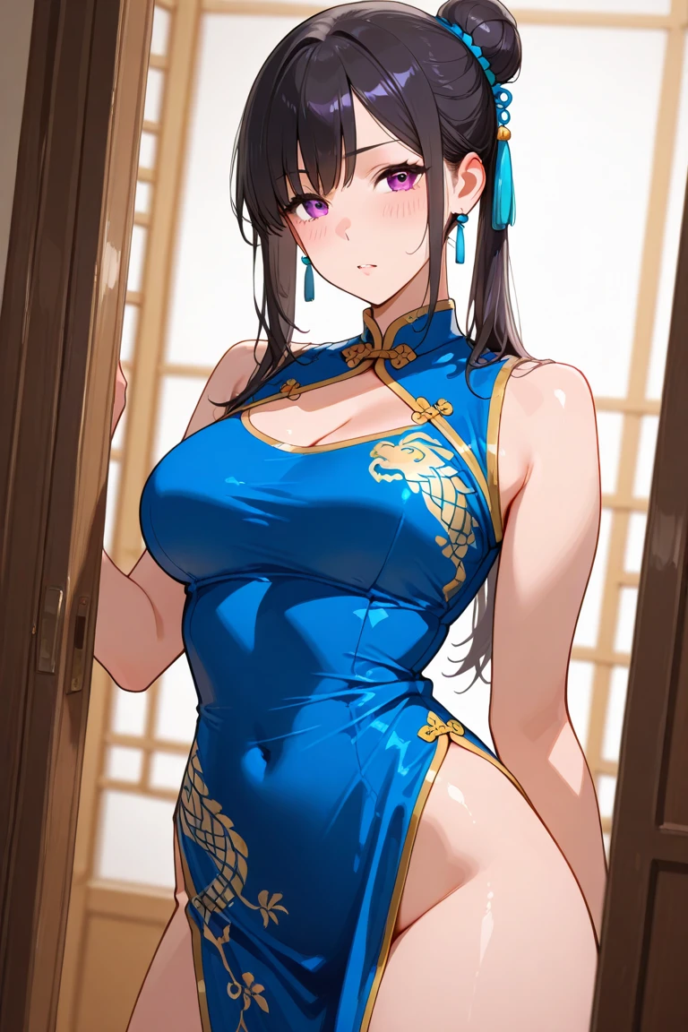 breast curtains, china dress, areola slip,(best quality:1.0), (8k wallpaper:1.0), extremely delicate and beautiful, (beautiful detailed face:1.0), (detailed deep eyes), symmetrical breasts, deep eyes, steam, shiny skin,