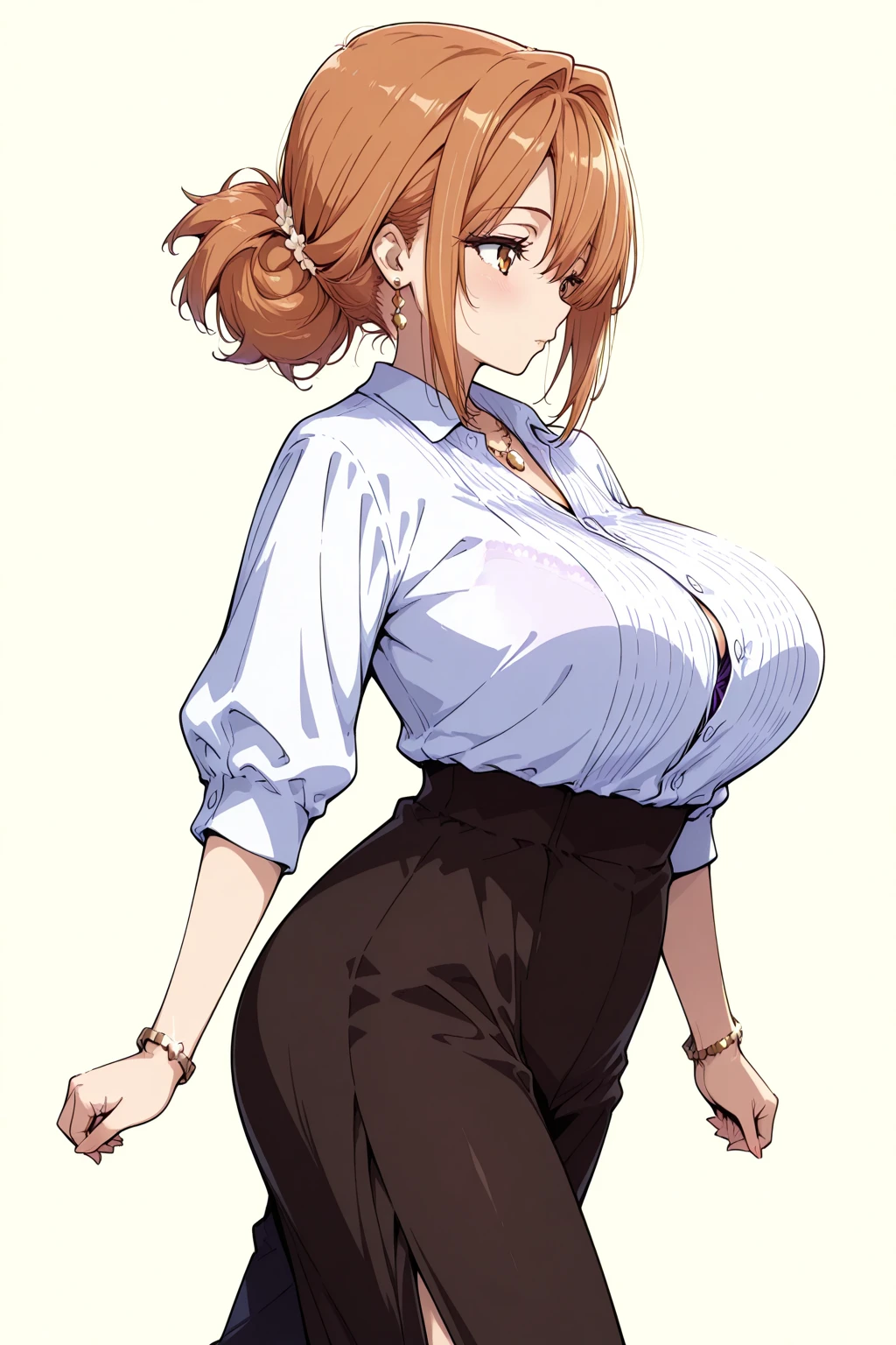 (((kipteitei art))), ((masterpiece)), (((best quality))), ((ultra-detailed)), (((illustration))), detailed face, detailed body, (1girl), (solo), ((Line art)), (in the style of cell shaded), (vivid colors), skindentation, blonde hair, hair over one eye, (((fluffy hair))), looking at viewer, blue eyes, blush, smile, happy, cute, ((formal shirt)), ((pencil skirt)), (((tight skirt))), (((tight clothes))), ear piercing, Large breasts, cleavage, sagging breasts, (((wide hips))), ((((((thick thighs)))))), (Plump), chubby belly, fat rolls, she has a jiggly belly, ((belly grab)), ((office)),