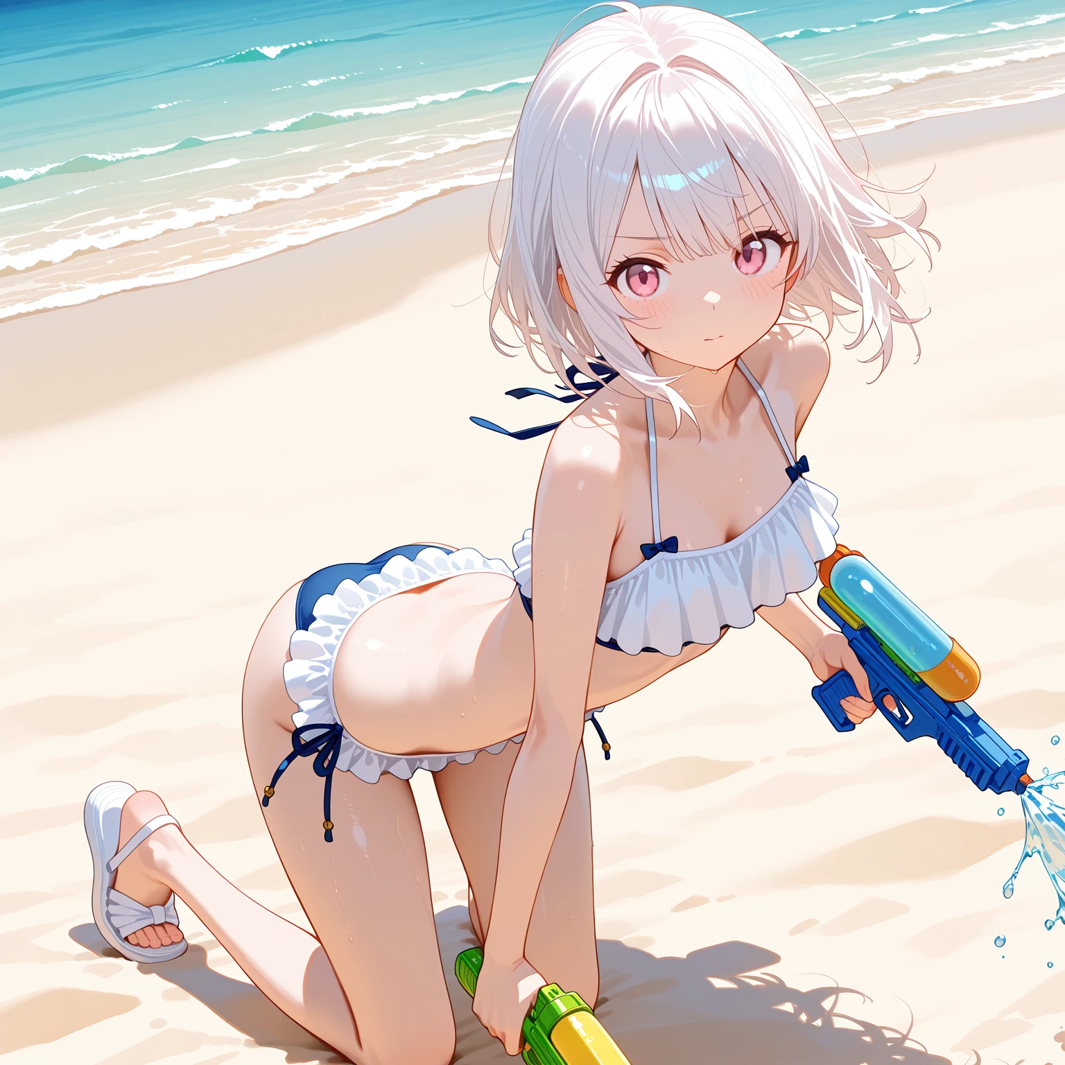 beautiful girl 30 years old short silver hair. cinta en su cabeza violeta. cabello corto. pechos grandes sonrisa picara. desnuda. pechos grandes desnuda. de pie en medio de un lago cristalino cuerpo mojado. gotas de agua. mujer madura
