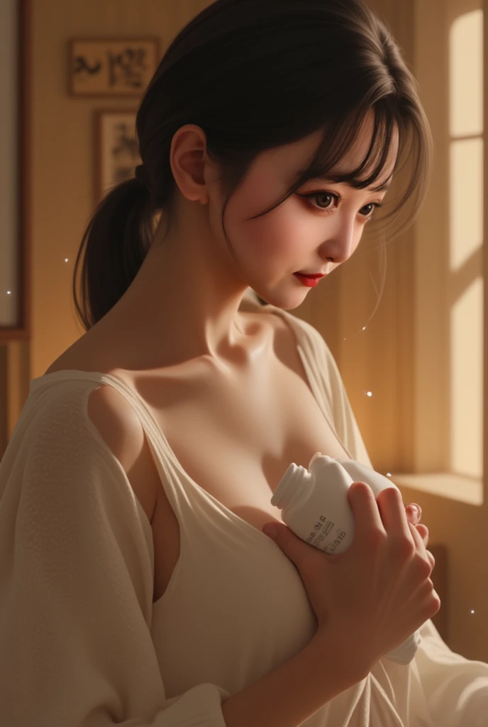 ((((masterpiece, best quality, high resolution)))), Extremely detailed 8K, Beautiful girl with voluptuous body, (low-angle shot) (Ultra HD, Ultra-detailed, Highly detailed, Highly realistic, Ultra-realistic, photograph realistic), (Realistic red hair), (single hair bun), (lewd poses), (embarrassed, smile), (beautiful detailed face, aroused expression, seductive look, lustful eyes, flushed cheeks, parted lips, beautiful detailed eyes), (wet maid outfit), (macro skirts), (standing up), sweat, (sunbeam, sunlight), seductive, naughty