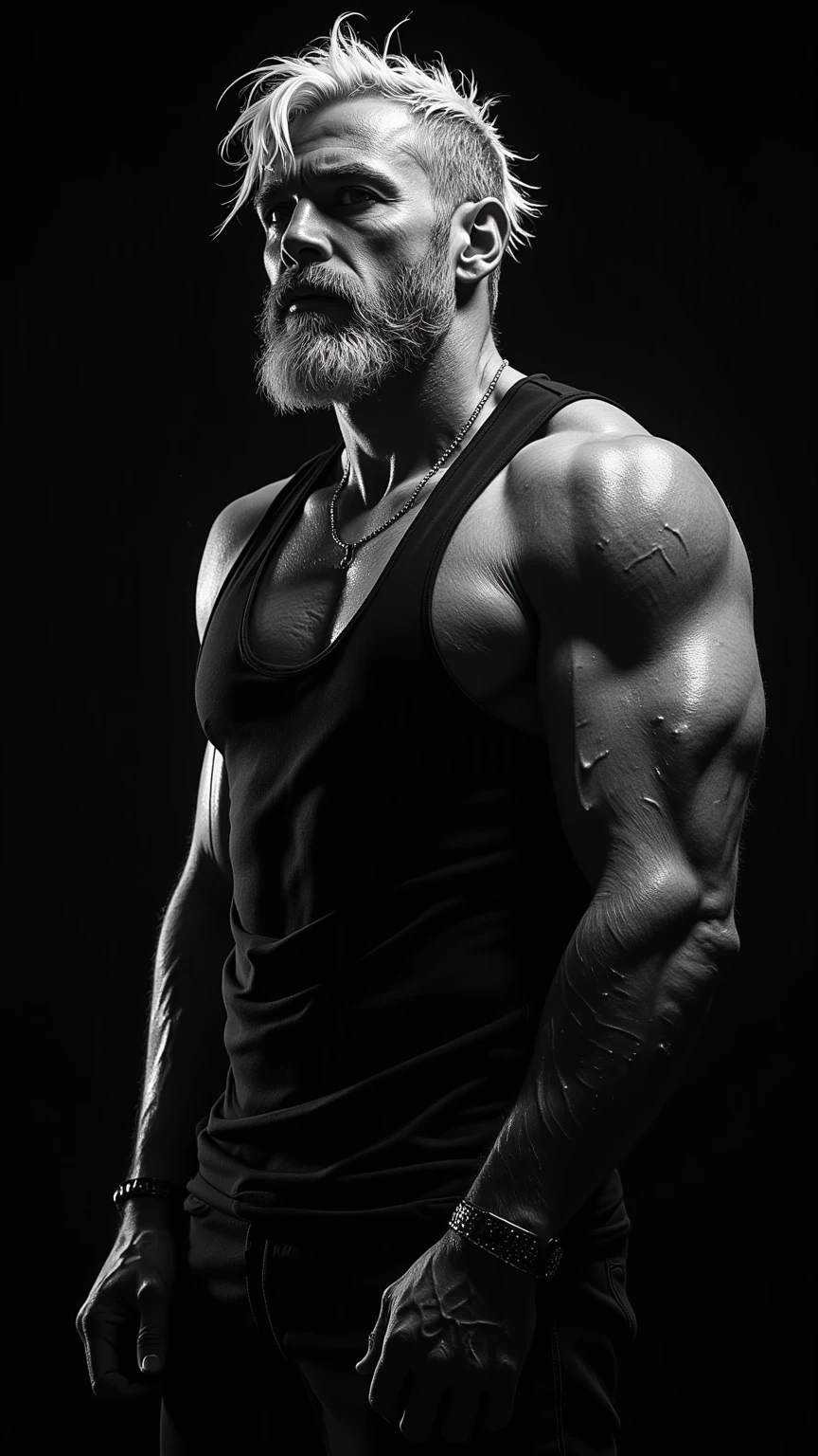 8K(masutepiece:1.2),(Best Quality:1.2),(Ultra-detailed:1.2),(highly contrast:1.2),(monochromes:1.1),(Strong men),(Orange T-shirt),(Bodybuilding Gym),(dark environment),(A light),(Monochrome photography:1.1), Dorian Yates,