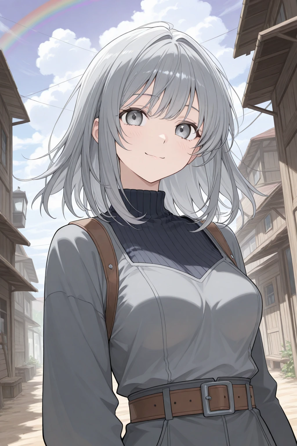 (Highest quality, High resolution, Very detailed), (Two Girls:1.3), Silver Hair, Super short hair, Reddish brown eyes, sweater dress, lace thong, Large Breasts, Perfect Makeup, 24th generation, Beautiful woman, mature, quiet, Calm, A small smile, city Street,