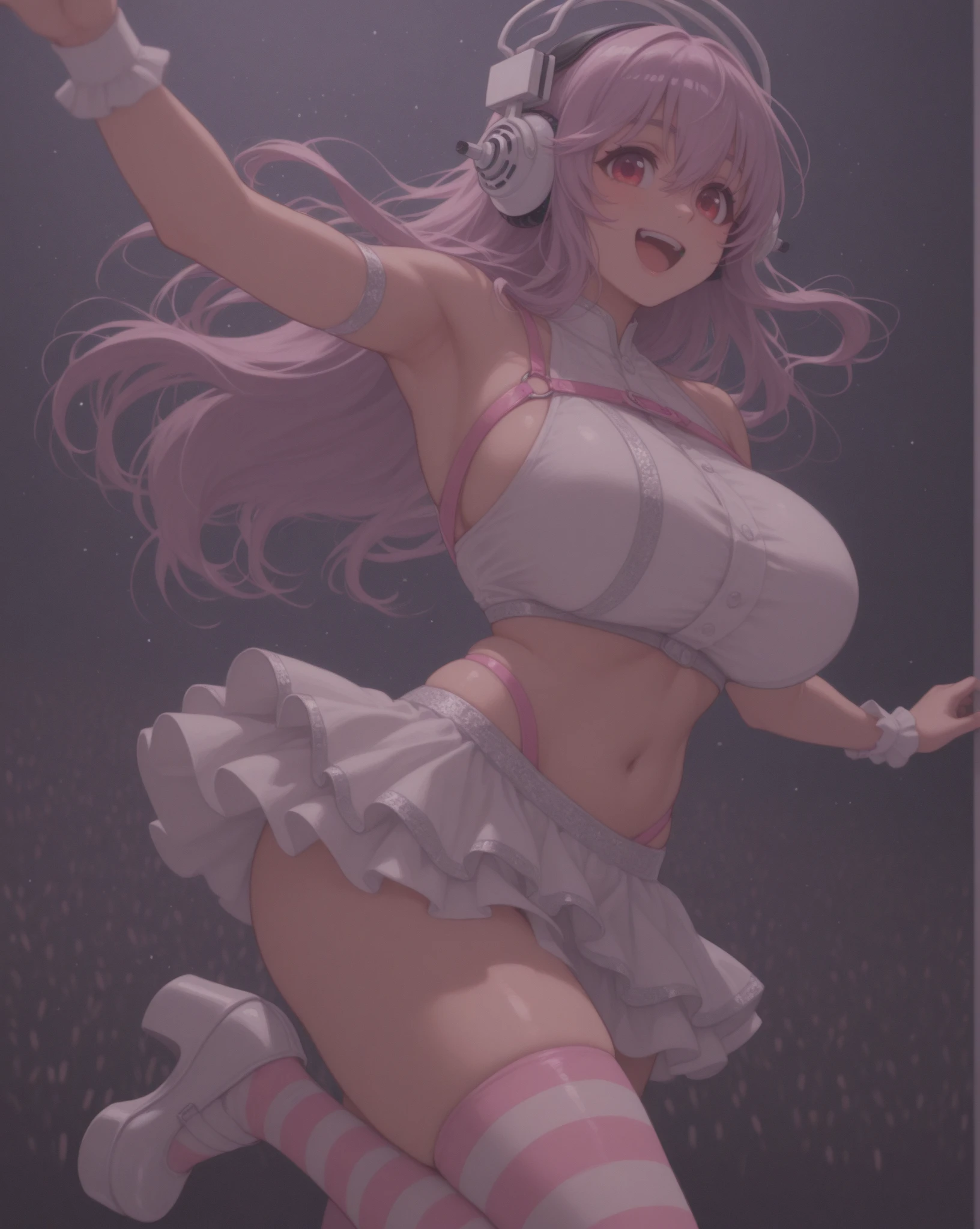 ((A very cute girl is being sing a song holding a microphone, and wearing a white silk extreme micro string, a loincloth of white silk string, surrounded by sexually aroused crowds at very crowded 5th Avenue in Manhattan at noon)), ((wearing a white silk plunging open shirt: 1.5)), (((Huge breasts :1.4, and droopy breasts:1.5))), 8k, RAW photo, ((full body shot)), (highly detailed skin:1.2), (exposed:1.5), (exposed breasts:1.5), (exposed back:1.5), (exposed shoulders:1.1), (exposed crotch:1.5), photography, masterpiece, best quality, dark grey background, (a beautiful caucasian girl with beautiful blue eyes, gorgeous light pink curly hair, white skin, Huge soft breasts and beautiful abs, two nipple, two areola, light pink pubic hair), various pose, Ultra-detailed face, Detailed eyes, ((no close up)), ((she wearing a vibrator in her crotch and ass)), ((She is wet)), (She’s exciting and squatting), (8k, RAW photos, highest quality, masterpiece: 1.7). (Realistic, Photorealistic: 1.9), The shape of the pubic area is clearly visible.