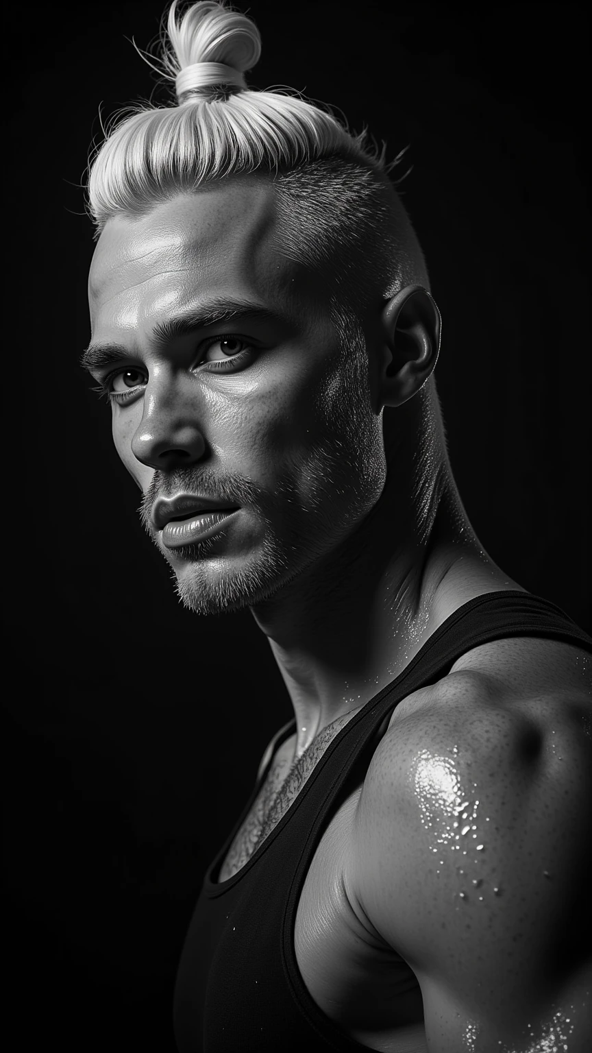 A man with a bald head, (realistic textures:1.2), (constant movement:1.1), (hair strands:1.3), scattered around him, (detailed hair strands:1.4), (intriguing scene:1.2), HDR, (Close-up:1.1), (Dynamic:1.1), (Realistic:1.1), as if his baldness was a flowing river of tiny hairs, (slightly comical:1.1), cinematic shot, vignette, centered.