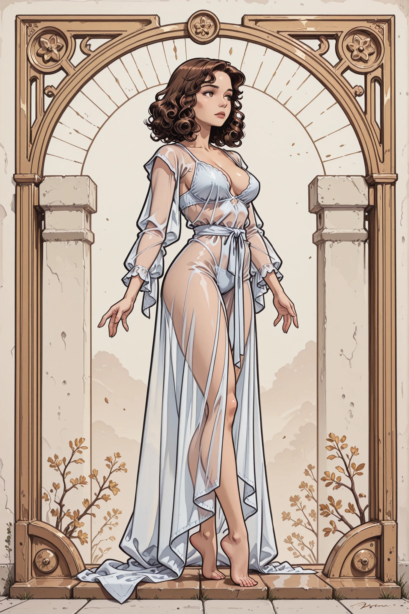 Masterpiece, a beautiful village female model, full body white transparent clothes standing under empty night stars, disappearing transparent pants, full body standing, tall figure, slender legs, facial details, detailed body part details, 8k wallpaper, (clear clothing, transparent cloth, see-through material), (((cameltoe))), (red hair, freckles, huge breasts, nearly naked, underboob), blend of Natalie dormer and Gal Gadot, silk robes, detailed castle background,