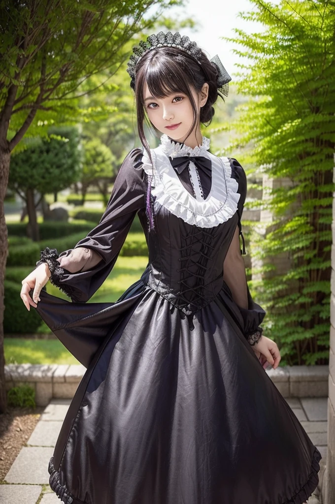 In the image、There is a female character wearing a dark, gothic Lolita outfit.。She bends one leg a little、She strikes a confident pose、In her left hand she holds a bouquet of flowers with a red ribbon.。The character has long silver hair with black streaks.、Her hairstyle is decorated with a red ribbon.。Her makeup is dramatic、Dark eyeliner and red lipstick accentuate her striking look.。
She is wearing a black dress with puff sleeves and a high collar.、Embellished with intricate stitching and a belt that cinches the waist。The skirt has layers of ruffles、There is a noticeable red layer underneath the black fabric.、Adds contrast and flare。She also、She is wearing black gloves to match the gothic theme.。
In the background、You can see a Gothic church with arched windows and a pointed roof.、It enhances the overall dark and mysterious atmosphere.。The lighting is natural、Insert from the right side、It creates shadows that highlight the texture and detail of the dress and accessories.。
The overall feel of the image is dramatic and bold.、It captures the essence of Gothic Lolita fashion with a touch of romantic elegance.。