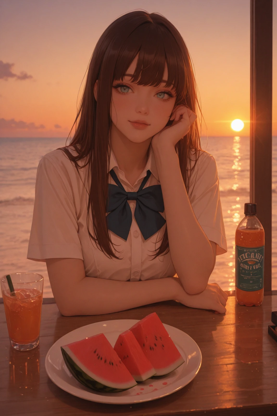 Girl relaxing indoors at night,Juice in a glass,American flag interior,indirect lighting,Girl in reference image