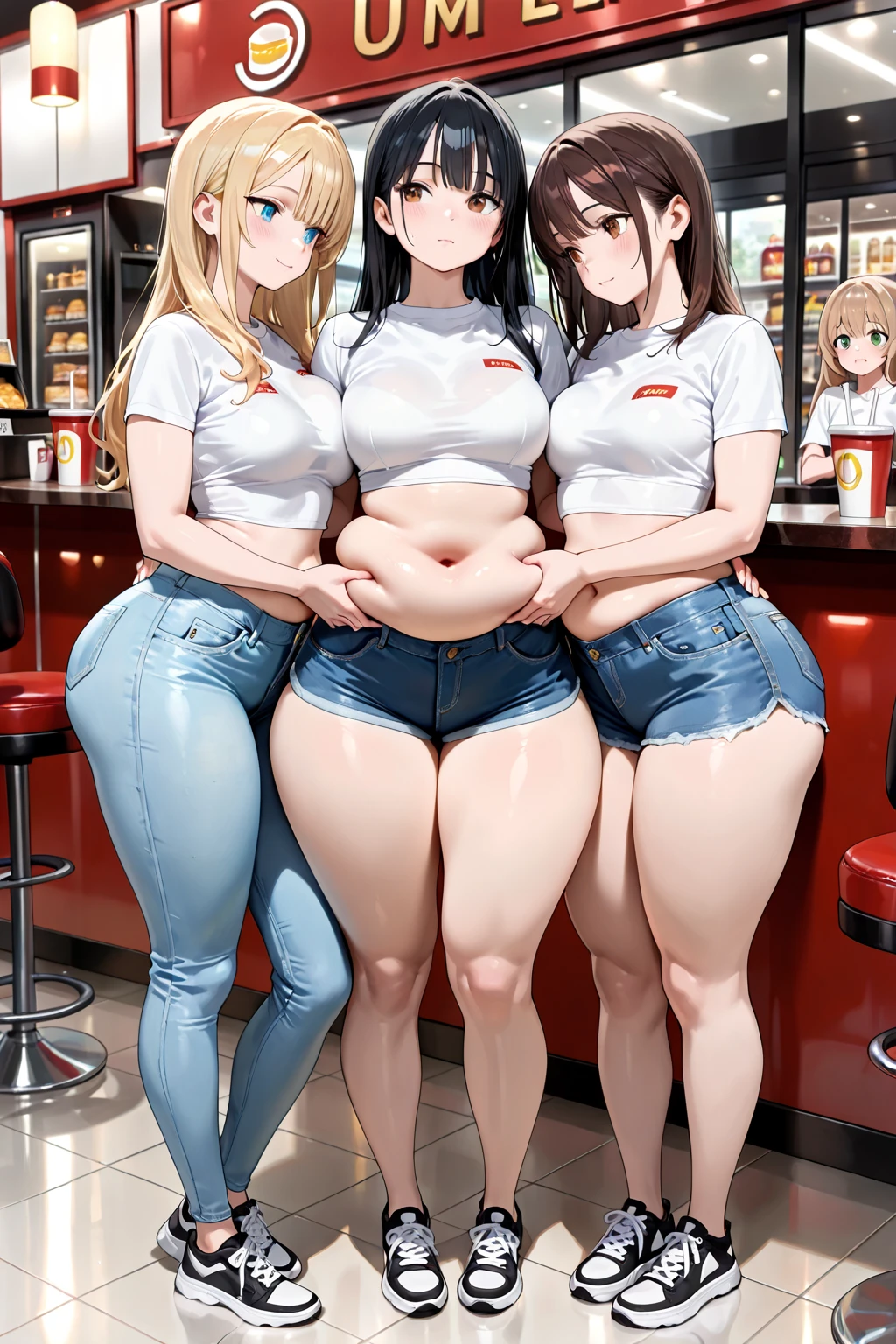 ((highres)), Masterpiece, high quality, best quality, beautiful, perfect lighting, detailed face, ultra cute face, ((blush)), embarrassed, (((2girls))), one girl has blonde hair, blue eyes, crop top and shorts, skindentation, one girl has brown hair, green eyes, jeans, white shirt, tight clothes, full body, fast food restaurant, medium breasts, ((wide hips)), ((thick thighs)), ((plump)), cleavage, chubby belly, fat folds, belly hang, standing, touching each other, breast bump, belly grab,