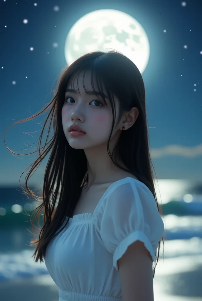 One evening at sea, there was a girl watching the moon