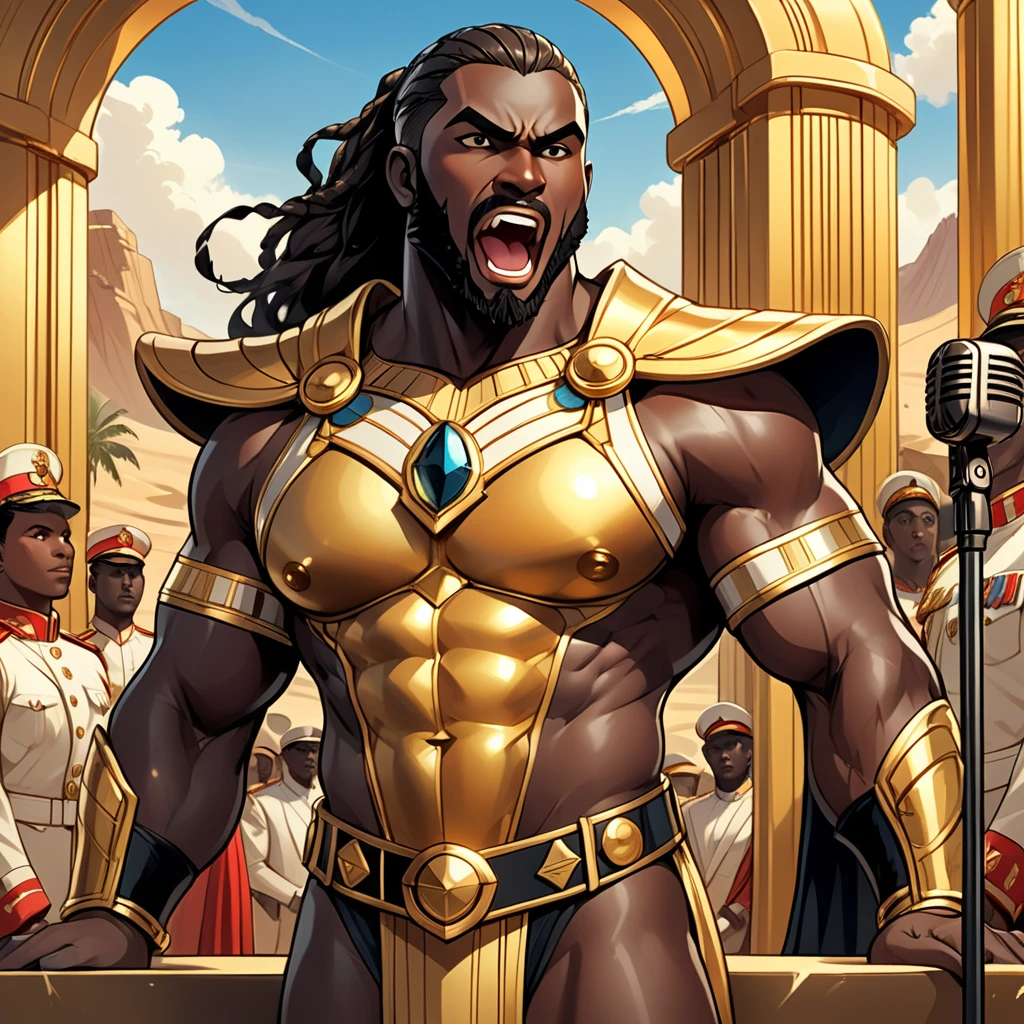 solo, Masterpiece, best quality, ultra highres, extremely detailed CG, A muscular man with black skin, yellow eyes, with long braided hair, wearing a white chest band, smiling, with a golden crown, realistic