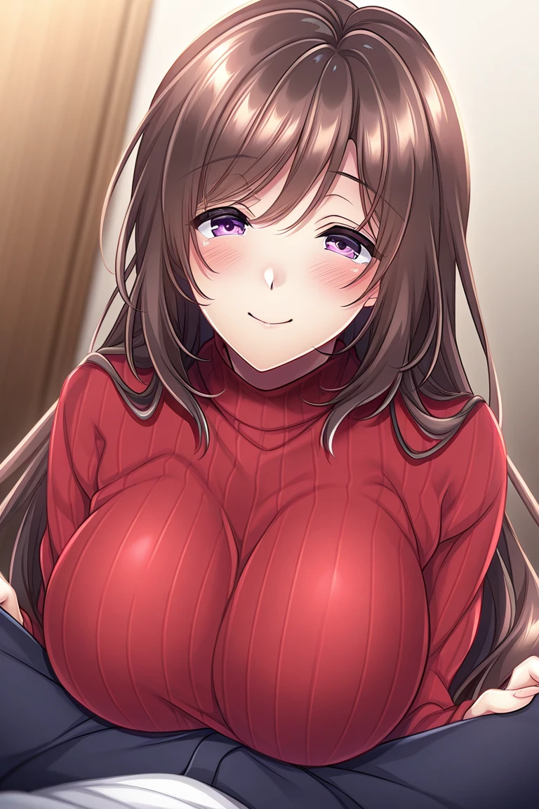 1girl, :d, ahoge, armpits, artist name, bare shoulders, blurry, blurry background, blush, bokeh, bra strap, breasts, brown eyes, brown hair, cleavage, collarbone, depth of field, dress, hair between eyes, indoors, jewelry, large breasts, long hair, long sleeves, looking at viewer, necklace, off-shoulder sweater, off shoulder, open mouth, pantyhose, pov doorway, red sweater, sconce, smile, solo, sweater, very long hair, wooden floor