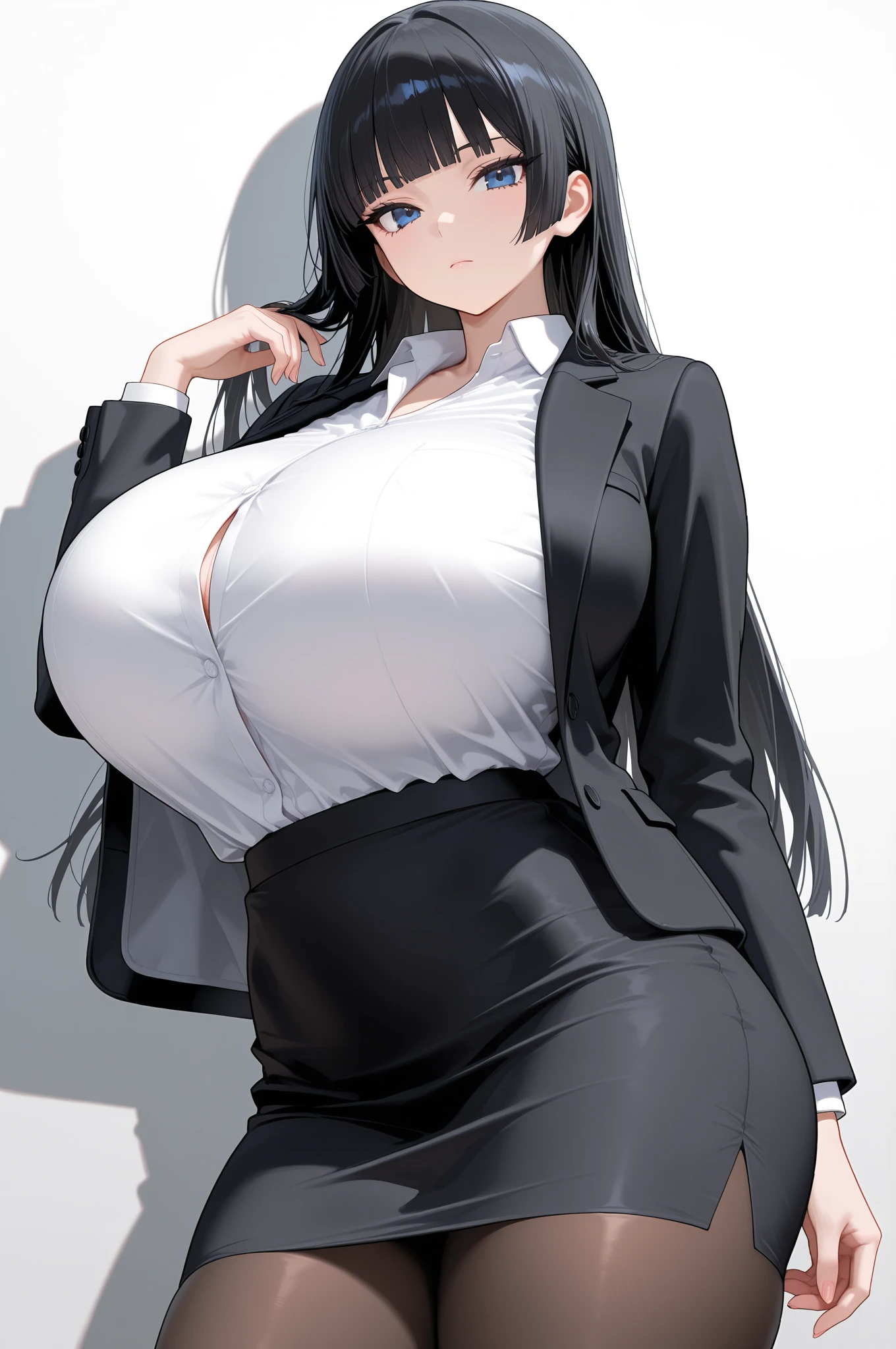 masterpiece, best quality, highest quality, perfect anatomy, highres, ultra-detailed, 8k wallpaper, texture, detail, unique, HDR, extremely detailed CG, Azuma Hisato, 1 girl, Solo, full body, standing, ponytail, brown_hair, Bangs, brown_eyes, 20yo, mature female, looking at viewer, smile, lewd face, (Beautiful,large_Breasts:1.4), (beautiful_face:1.5),(narrow_waist), office outfit, office uniform