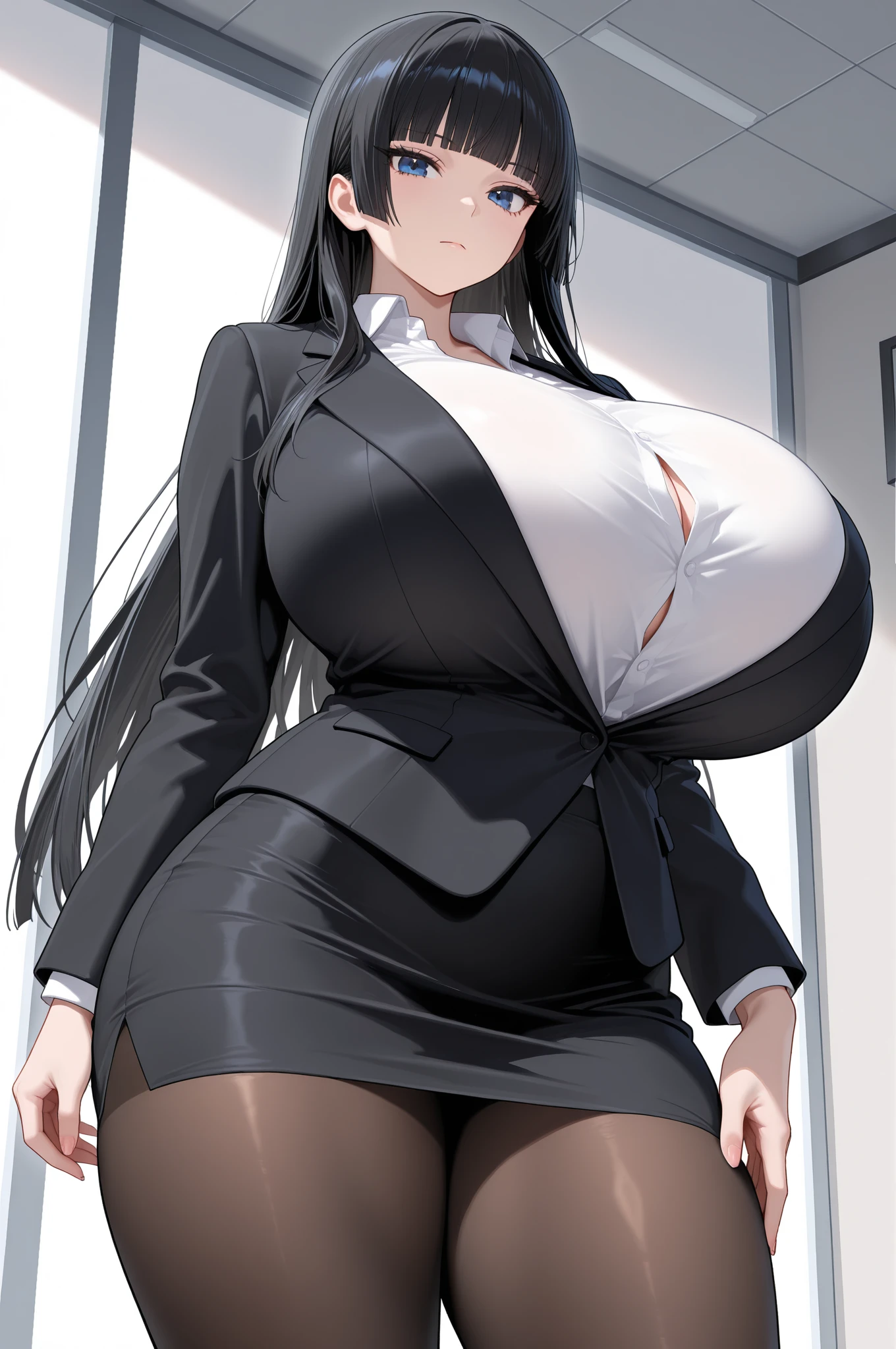 A beautiful Asian woman in her late 30s with long, dark hair styled in a sleek ponytail. She is wearing a fitted white blouse that accentuates her curves, a black pencil skirt, and a matching blazer. She has black stockings and high heels. The woman is sitting on a ledge with a confident and alluring expression, wearing glasses. The background shows a blurred outdoor setting with greenery, and the lighting is soft and natural