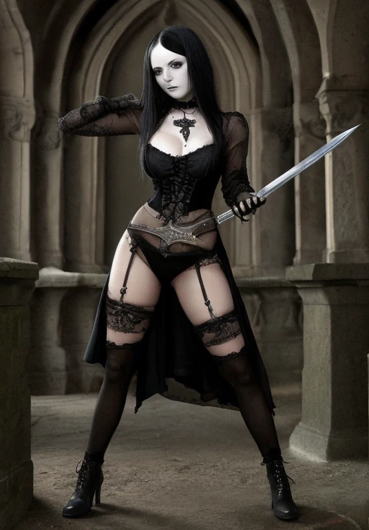 Goddess of death, There is a adult woman in a dark and misty place, at night, purgatory, holding a scythe ,in land of death ,Gothic lingerie, Dark tights,  Dark purple hair,, dark lips,thin lips, Kind and soft visage, green eyes, Eyeshadows,eyeliner ,knee length hair,curved hair, thin waist,Big chest, high quality, highly detailed skin, Tatooed skin.