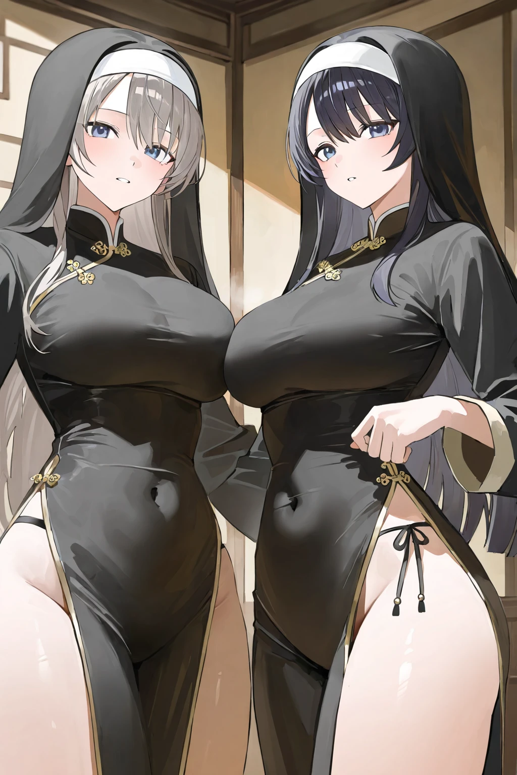 ((woman with long white hair with ponytail and red eyes)),((difference in penis size)),((woman with gray hair and brown eyes)),((2 woman with erect penis looking at each other, facing the spectator)),((medium and giant breasts, naked breasts, different breasts, completely naked)),((pressed breasts, grabbing breasts, flushed face)),((in a haunted castle, at night )),