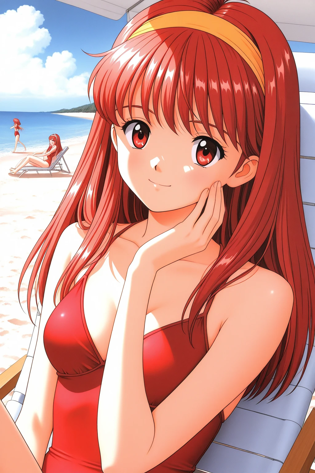 <lora:FujisakiShiori:0.8> FujisakiShiori, 1girl, solo, micro_bikini, hairband, retro artstyle, long hair, red eyes, navel, 1990s (style), open mouth, beach, red hair, arm behind back, cowboy shot, smile, holding own arm, looking at viewer, breasts, striped, blue hairband, floral print, pool, huge_breasts,
cowboy Shot, smile, blush, school in the room,
masterpiece, high quality, very_high_resolution, large_filesize, full color,