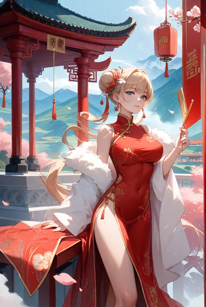 masterpiece, best quality,girl, She is holding a red envelope in her hand, festive, wearing gorgeous clothes, White hair,There is a golden Chinese dragon behind him, full length shot(FLS), Chinese style, beautiful lights, First-person perspective,bun, for the audience, Smile