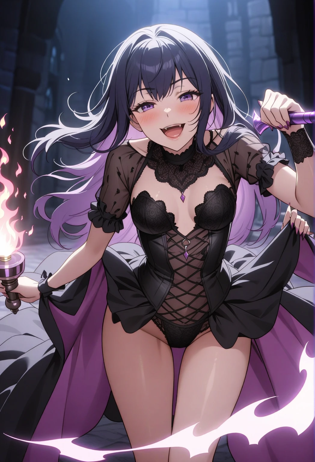 NSFW,Villain, 200 Year Old Witch, Long black hair, The magic in her hands shines,,Purple Eyes,leotard,Gothic Lolita,Small breasts,Crotch crack,Bad smile,sex,Put your hands on your crotch,pussy juice,Licking wet fingers,penis in pussy,Wearing a condom,Used Condoms