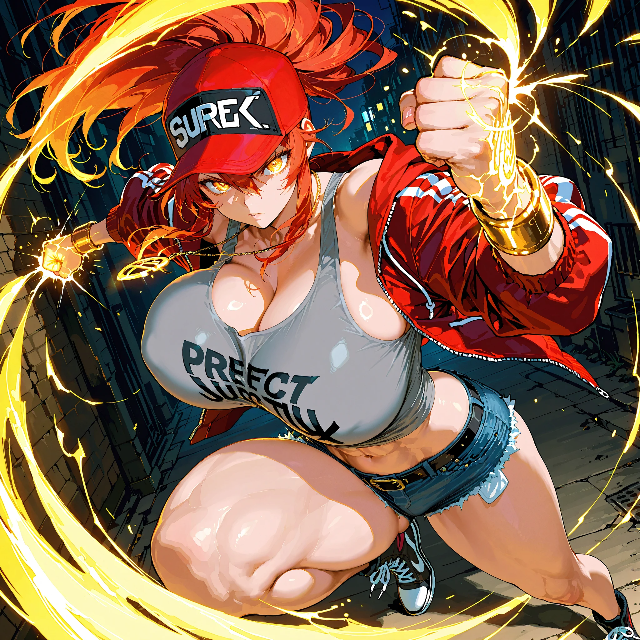 Buff woman with a jacket and a bra, tan skin, small breasts, sailor attire, beanie, red firey hair hair highlights, on the coast