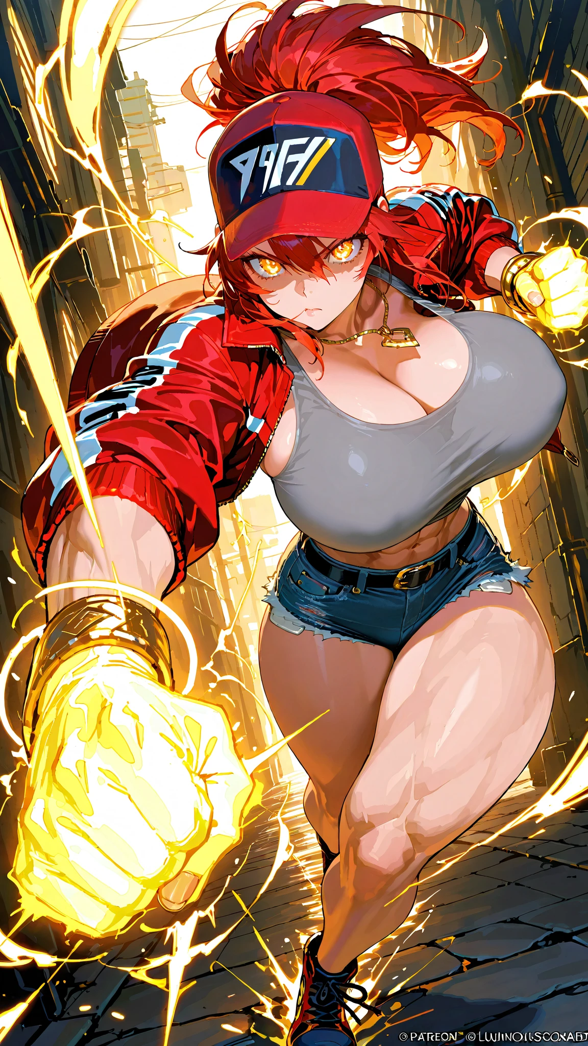 clouds, gtscity,very long hair,super saiyan ,muscular,red aura,super saiyan 4,smug,cocky,Rampage potara earrings,fighting stanc,crop top,gym shorts,combat boots,red eyes,medium breast,red hair,solo,1female,cityscape,masterpiece,best quality,blacklight,red glow around body