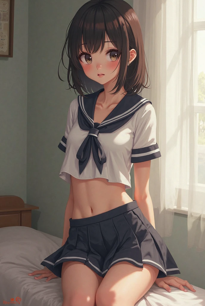 ((masterpiece,best quality)), highres, extremely detailed 8K wallpaper, depth_of_field, best shadow, (Colorful),(Delicate eyes and face), nice hand, Perfect hands, volumatic light, Ray tracing, BREAK
(1girl in), mogami \(kancolle\), black hair, short hair, black eyes / green eyes, swept bangs, small breasts, slender, skinny, open mouth, smile, blush, BREAK,
(wear white short length school uniform top:1.3), (sailor collar:1.5), (red tie:1.3), (Parted clothes at the top and bottom:1.2), (short sleeves:1.1), (white string panty:1.3), (bare navel), (under boob), (black lace stockings:1.2), High heels, BREAK,
Cowboy Shots, Looking at Viewer, stomach focus, bedroom, Ultra detailed backgrounds,